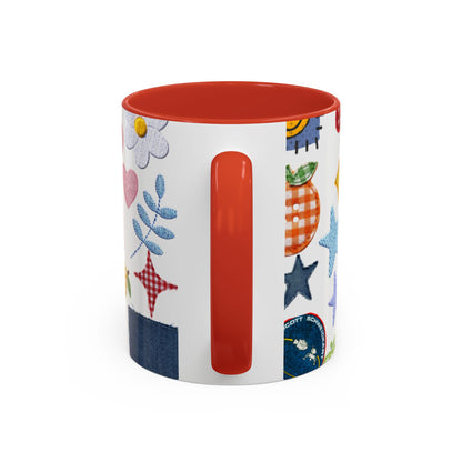 Whimsical Patchwork Coffee Mug — Floral, Hearts & Clover | 11oz