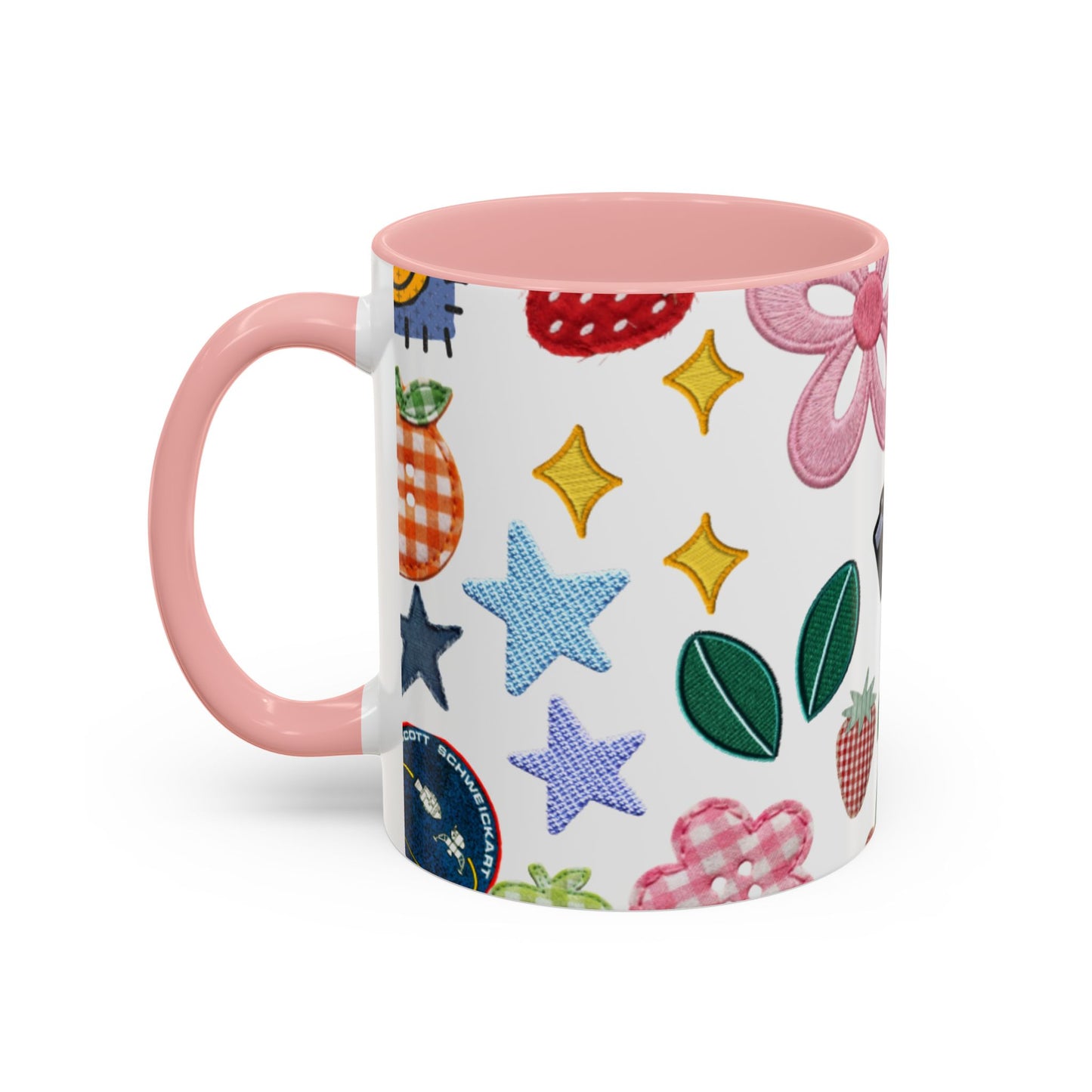 Whimsical Patchwork Coffee Mug — Floral, Hearts & Clover | 11oz