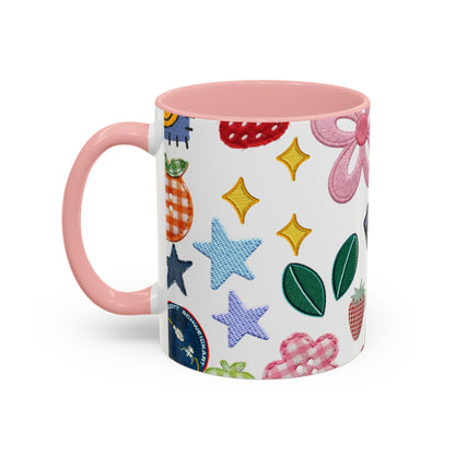 Whimsical Patchwork Coffee Mug — Floral, Hearts & Clover | 11oz