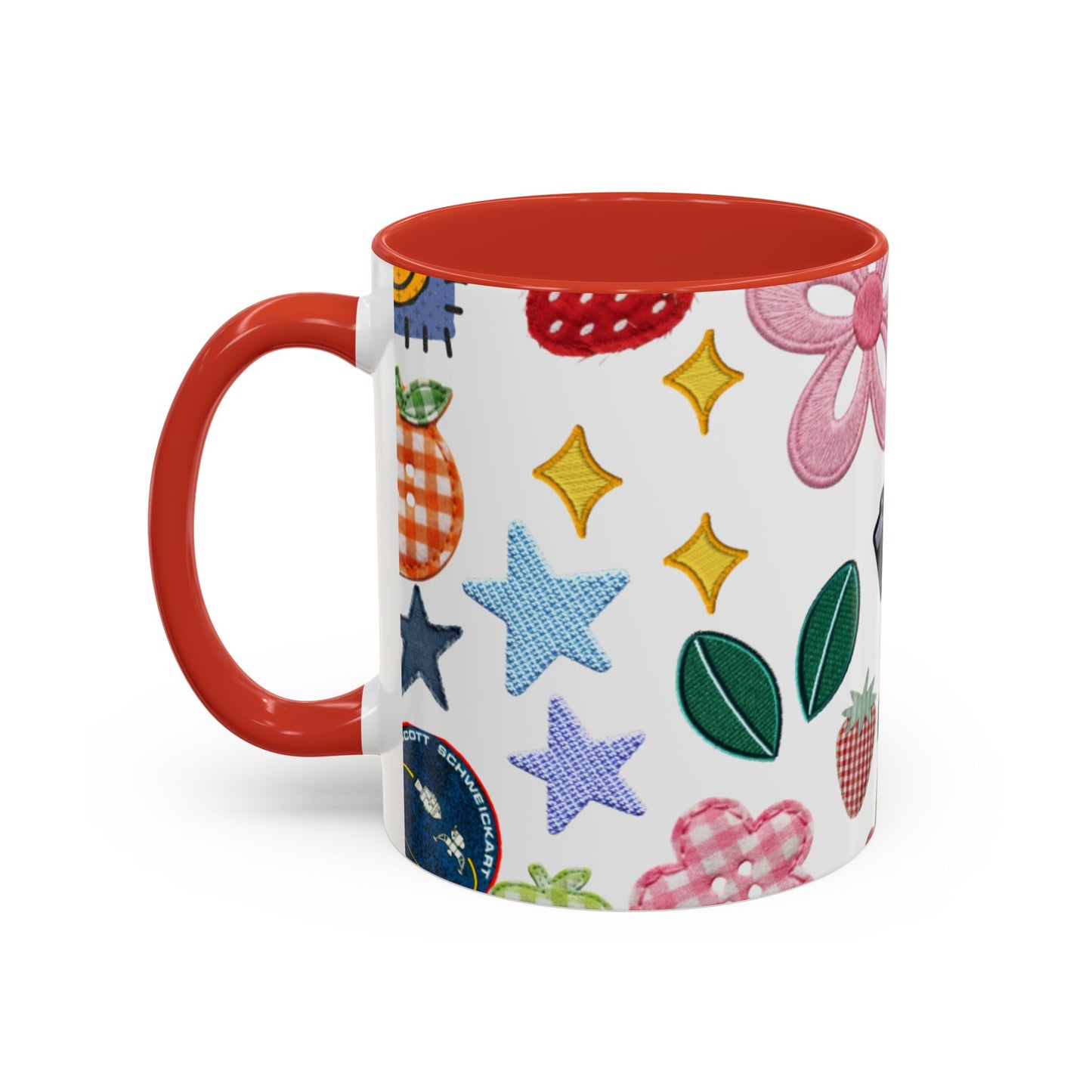 Whimsical Patchwork Coffee Mug — Floral, Hearts & Clover | 11oz