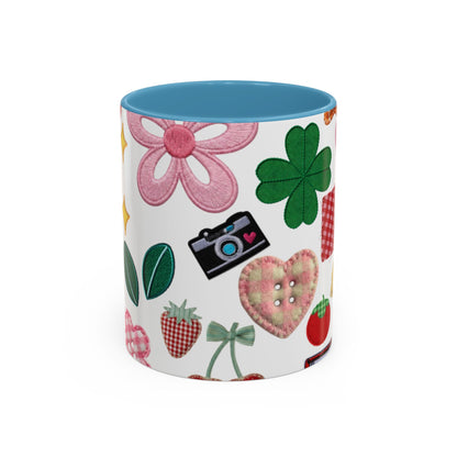 Whimsical Patchwork Coffee Mug — Floral, Hearts & Clover | 11oz