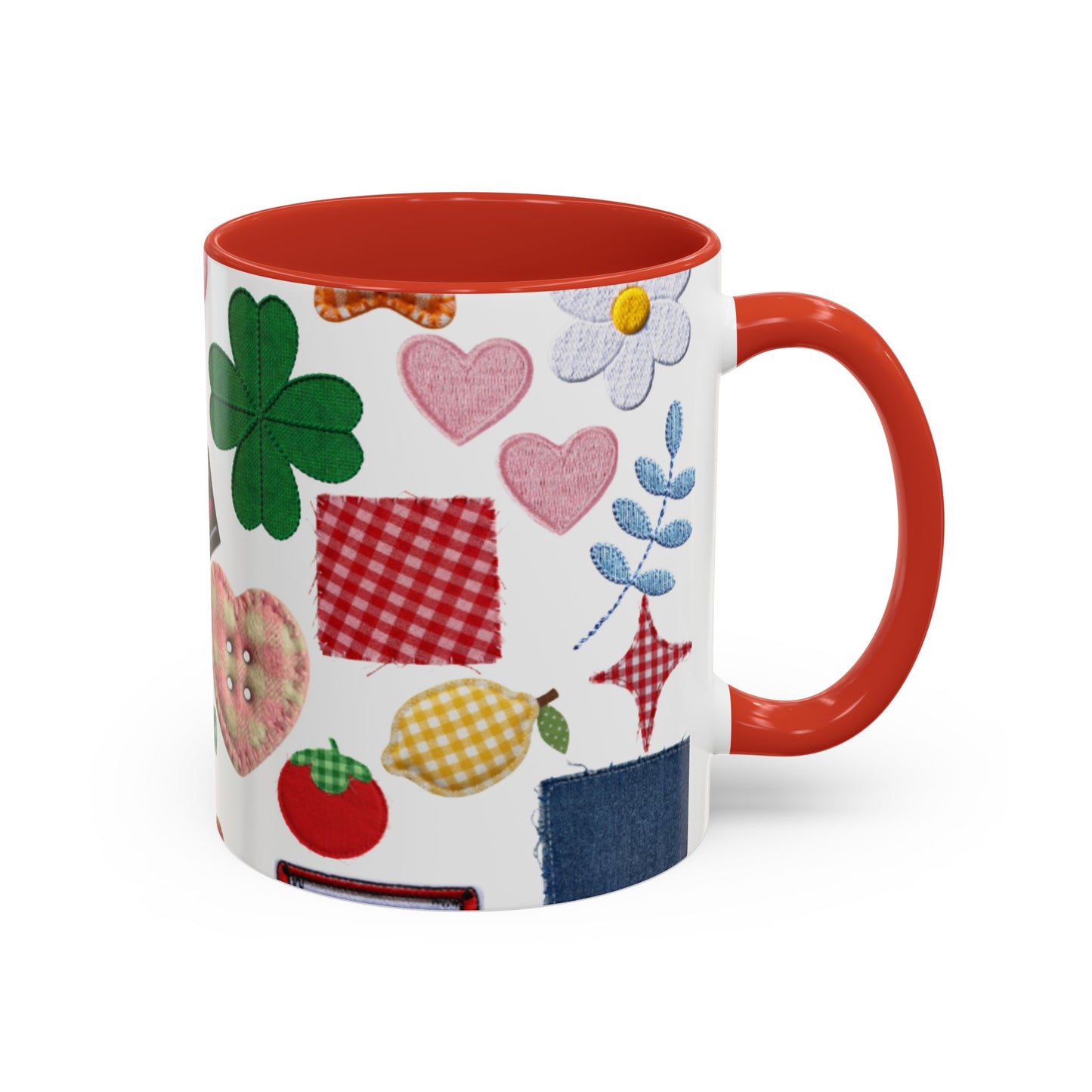 Whimsical Patchwork Coffee Mug — Floral, Hearts & Clover | 11oz
