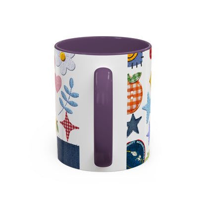 Whimsical Patchwork Coffee Mug — Floral, Hearts & Clover | 11oz
