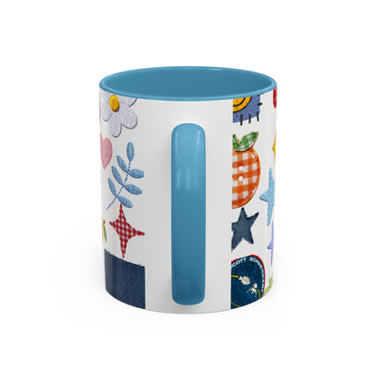 Whimsical Patchwork Coffee Mug — Floral, Hearts & Clover | 11oz