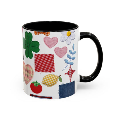 Whimsical Patchwork Coffee Mug — Floral, Hearts & Clover | 11oz