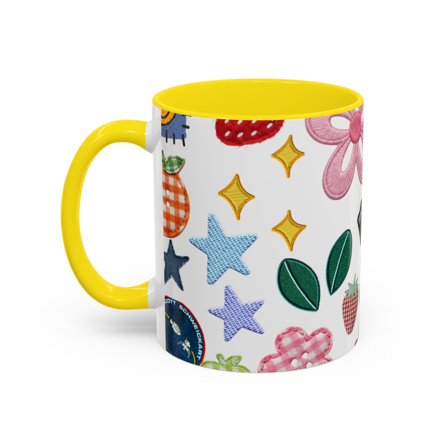 Whimsical Patchwork Coffee Mug — Floral, Hearts & Clover | 11oz