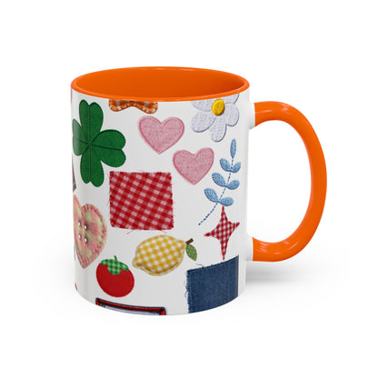 Whimsical Patchwork Coffee Mug — Floral, Hearts & Clover | 11oz