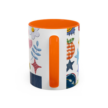 Whimsical Patchwork Coffee Mug — Floral, Hearts & Clover | 11oz