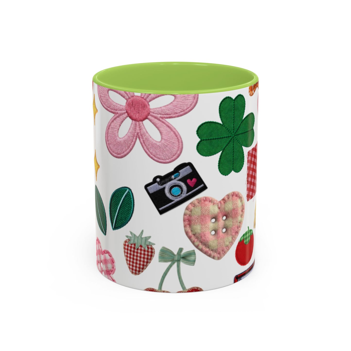 Whimsical Patchwork Coffee Mug — Floral, Hearts & Clover | 11oz