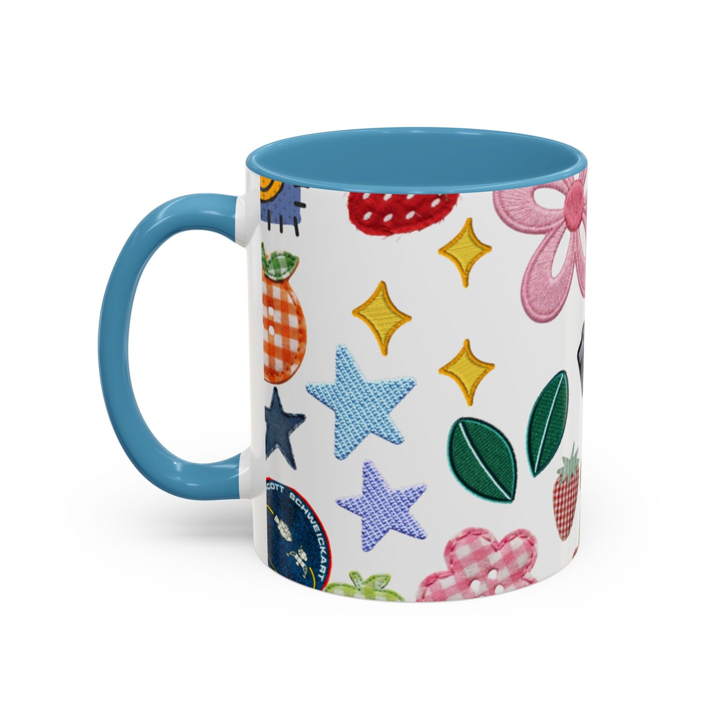 Whimsical Patchwork Coffee Mug — Floral, Hearts & Clover | 11oz