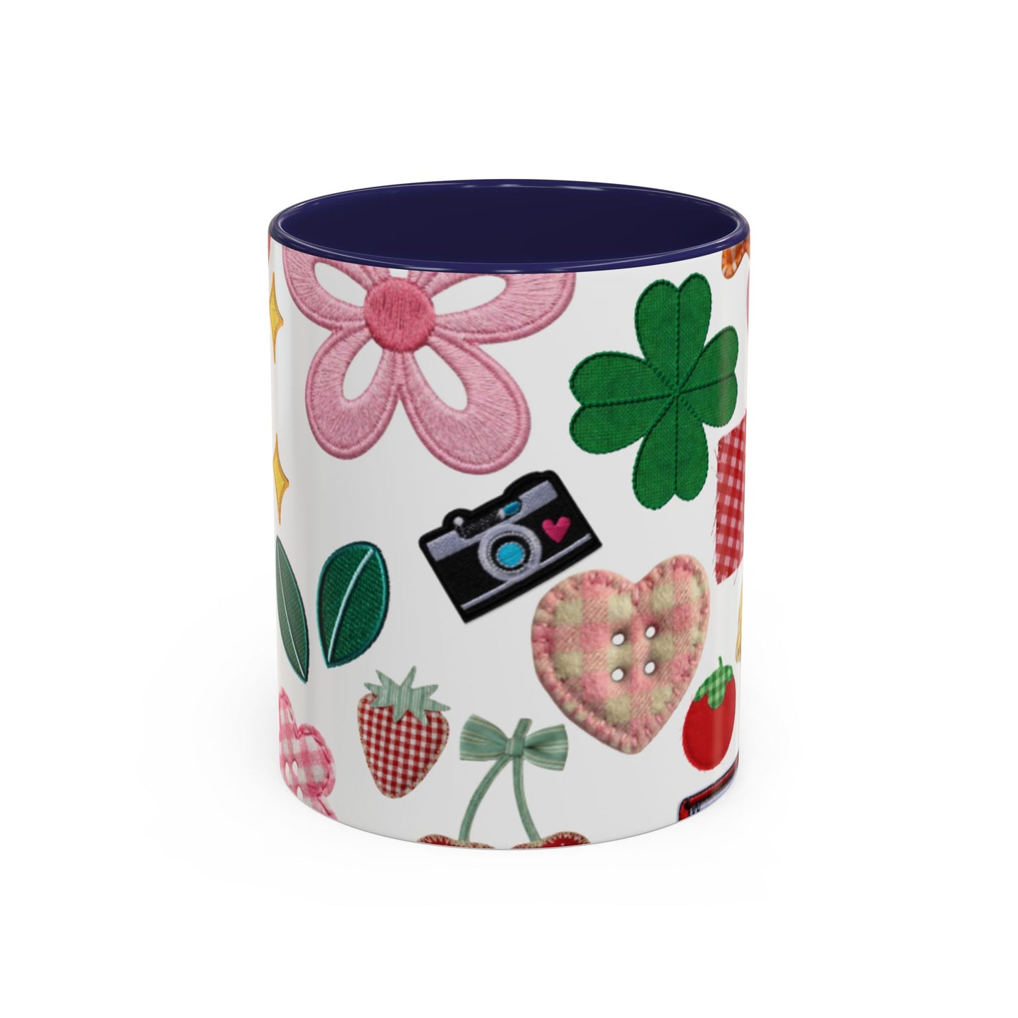 Whimsical Patchwork Coffee Mug — Floral, Hearts & Clover | 11oz