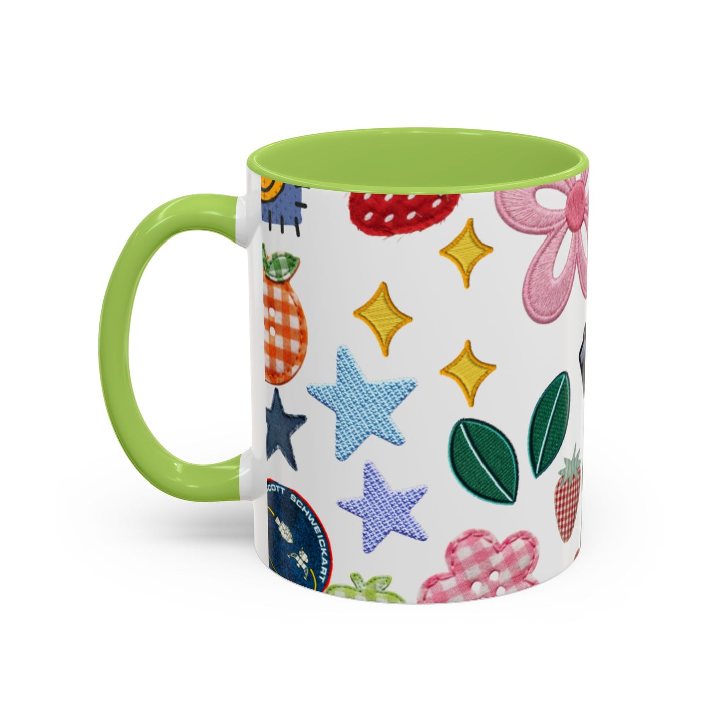 Whimsical Patchwork Coffee Mug — Floral, Hearts & Clover | 11oz