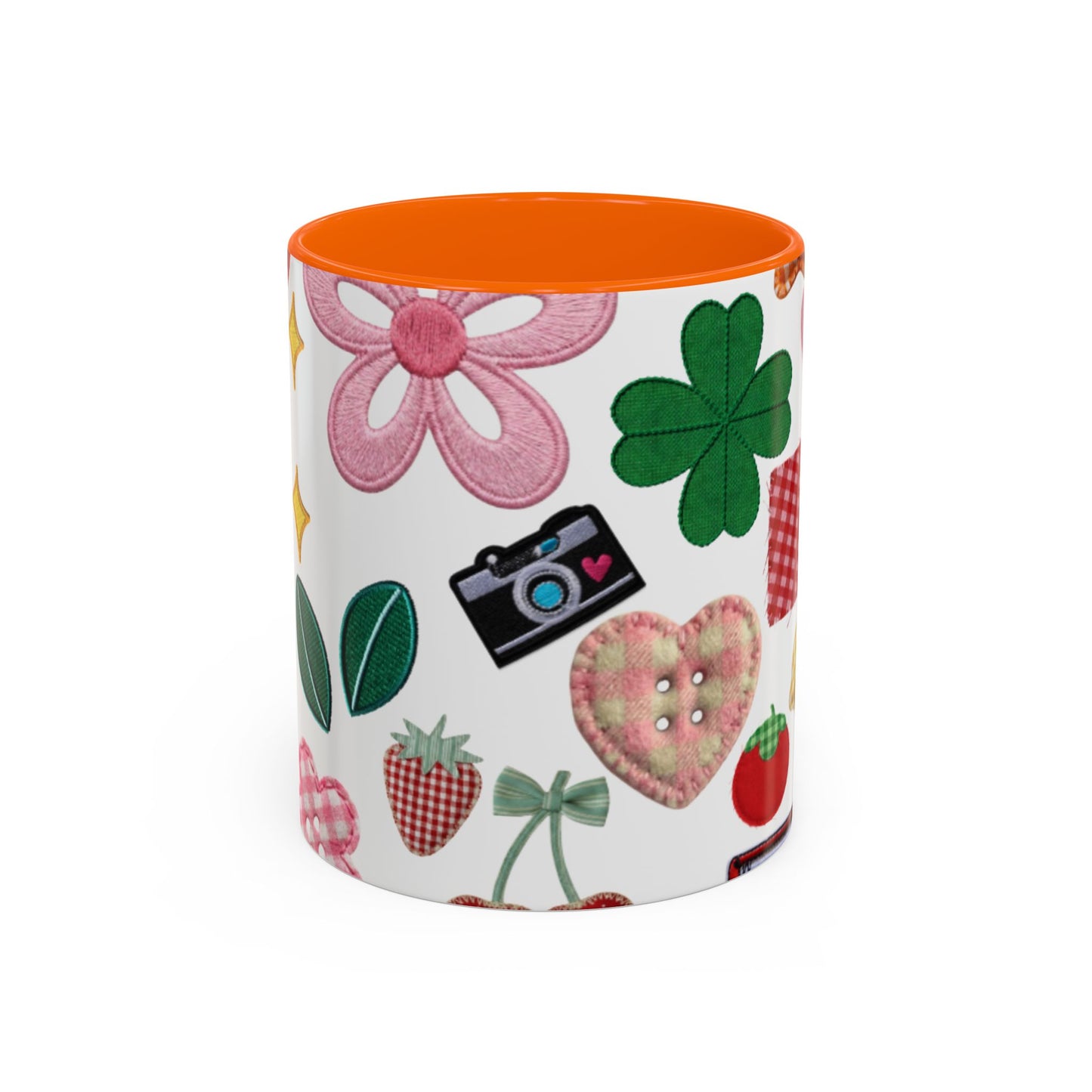 Whimsical Patchwork Coffee Mug — Floral, Hearts & Clover | 11oz