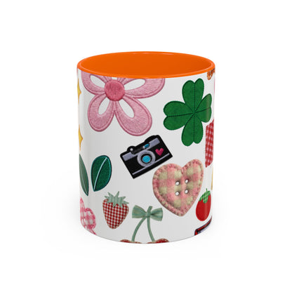 Whimsical Patchwork Coffee Mug — Floral, Hearts & Clover | 11oz