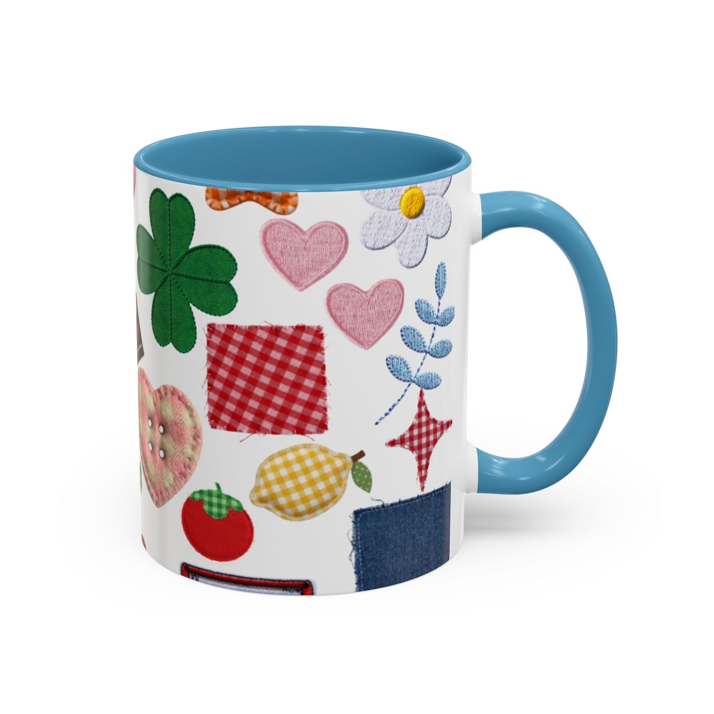 Whimsical Patchwork Coffee Mug — Floral, Hearts & Clover | 11oz