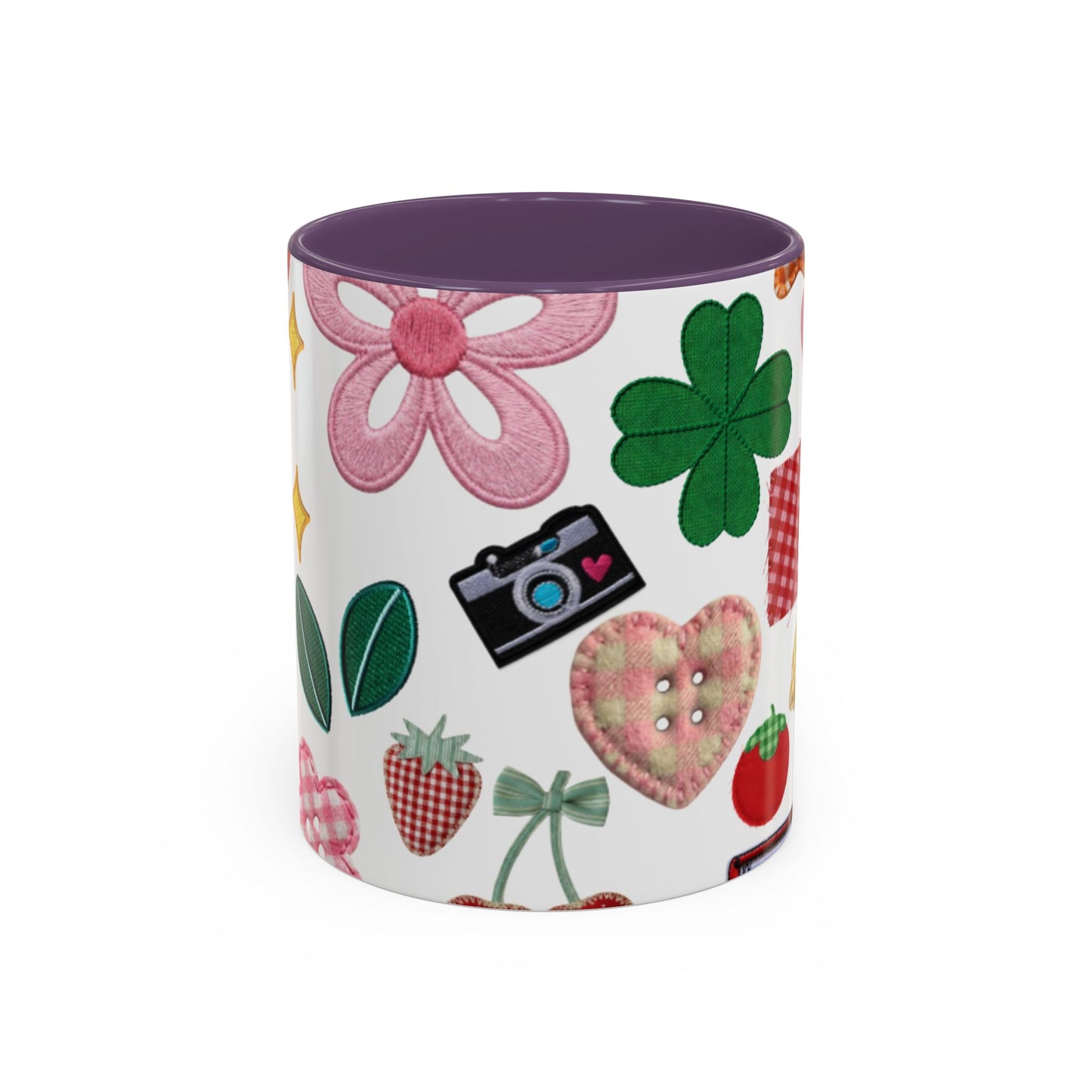 Whimsical Patchwork Coffee Mug — Floral, Hearts & Clover | 11oz