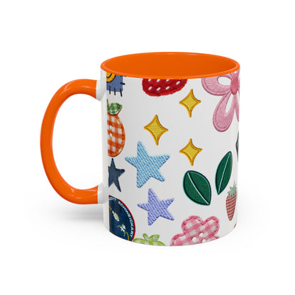 Whimsical Patchwork Coffee Mug — Floral, Hearts & Clover | 11oz
