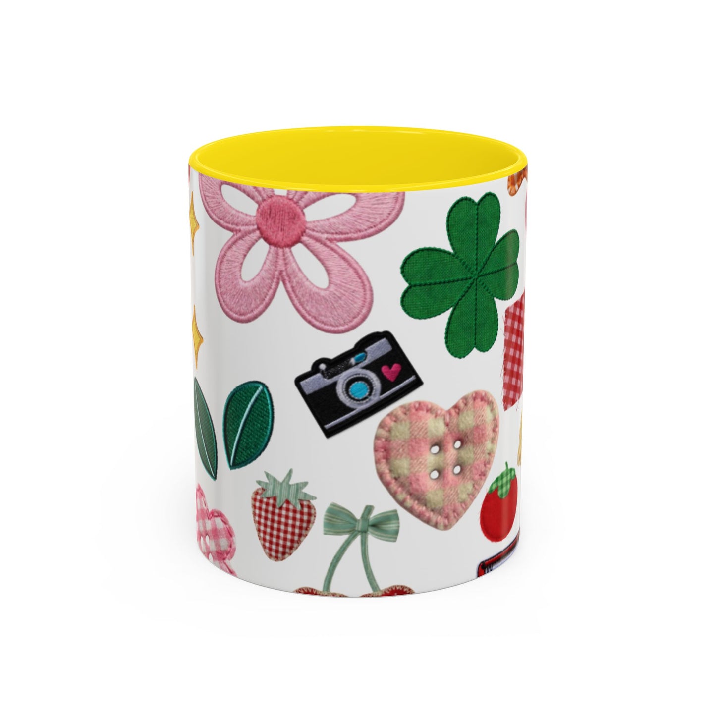 Whimsical Patchwork Coffee Mug — Floral, Hearts & Clover | 11oz
