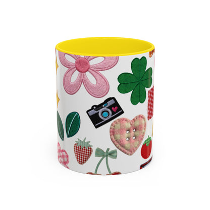 Whimsical Patchwork Coffee Mug — Floral, Hearts & Clover | 11oz