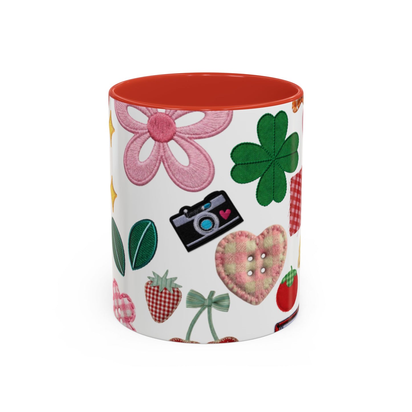Whimsical Patchwork Coffee Mug — Floral, Hearts & Clover | 11oz