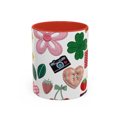 Whimsical Patchwork Coffee Mug — Floral, Hearts & Clover | 11oz