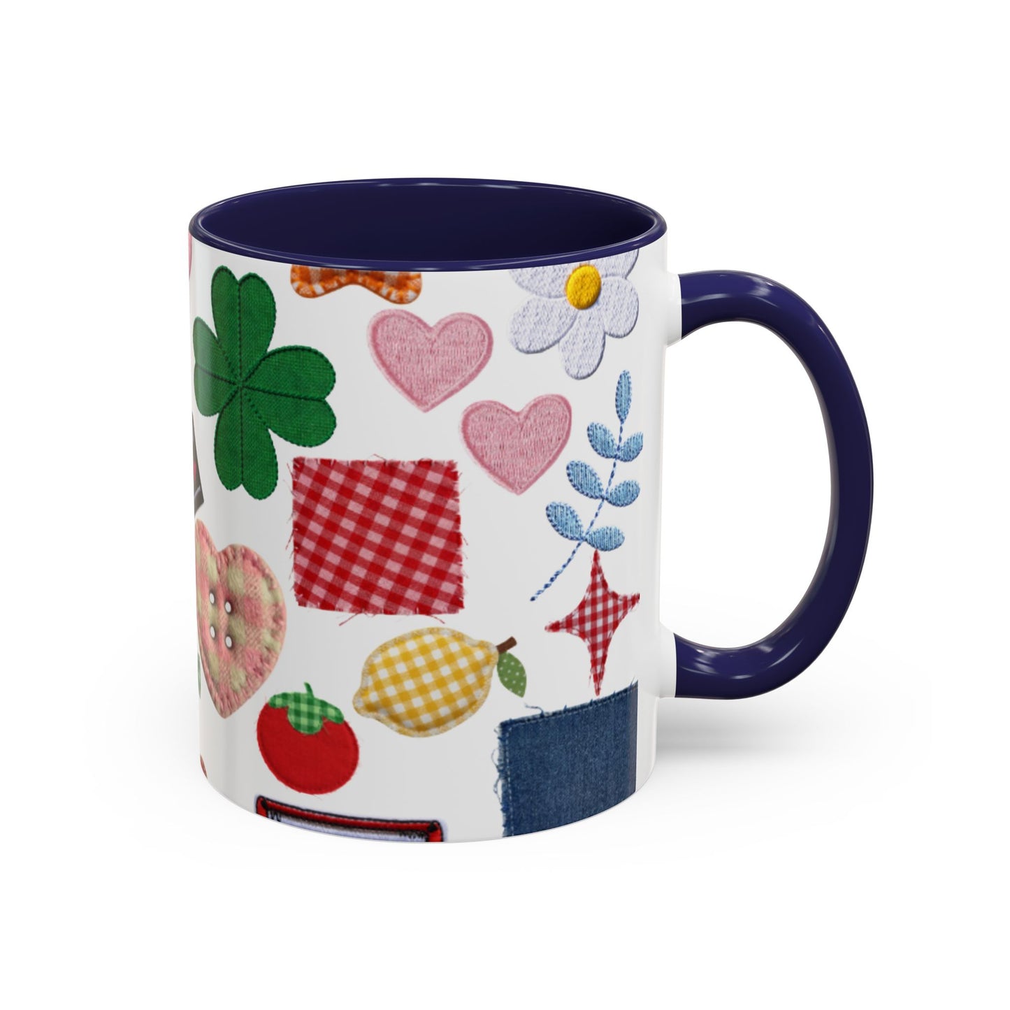 Whimsical Patchwork Coffee Mug — Floral, Hearts & Clover | 11oz