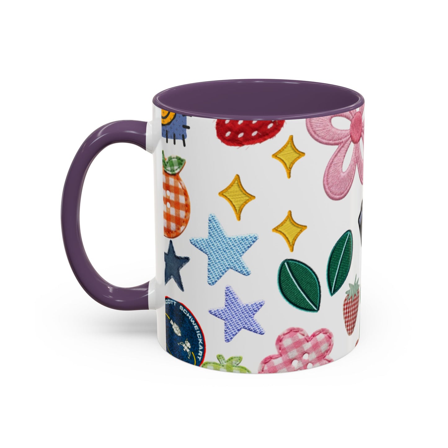Whimsical Patchwork Coffee Mug — Floral, Hearts & Clover | 11oz