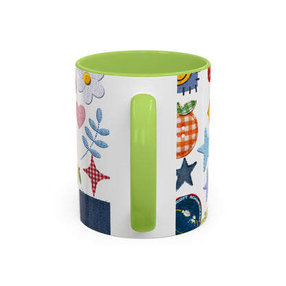 Whimsical Patchwork Coffee Mug — Floral, Hearts & Clover | 11oz