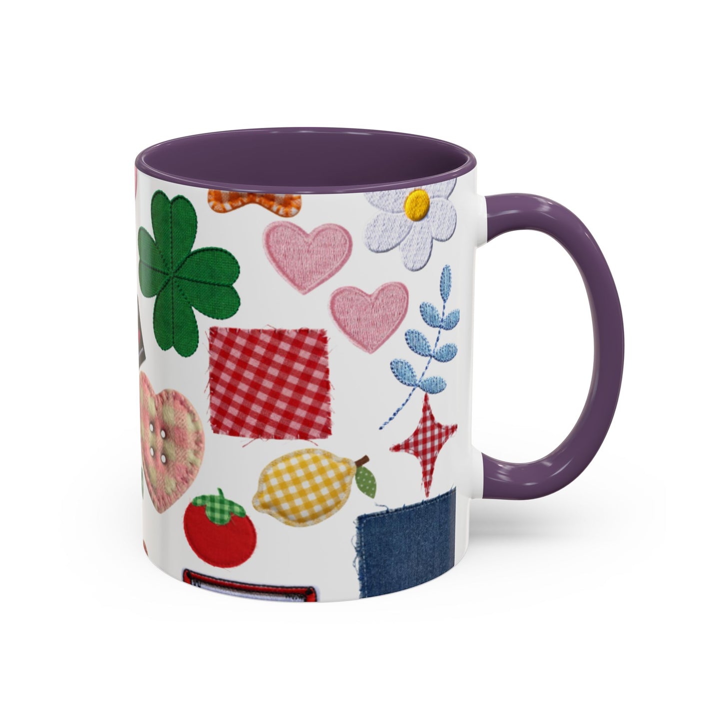Whimsical Patchwork Coffee Mug — Floral, Hearts & Clover | 11oz