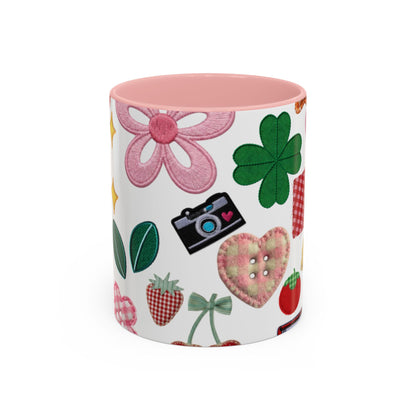 Whimsical Patchwork Coffee Mug — Floral, Hearts & Clover | 11oz