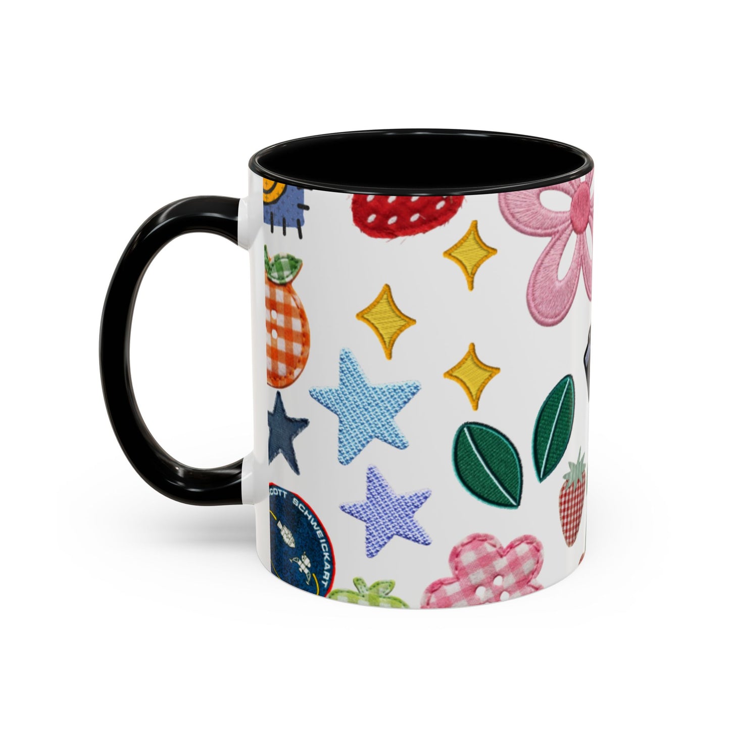 Whimsical Patchwork Coffee Mug — Floral, Hearts & Clover | 11oz