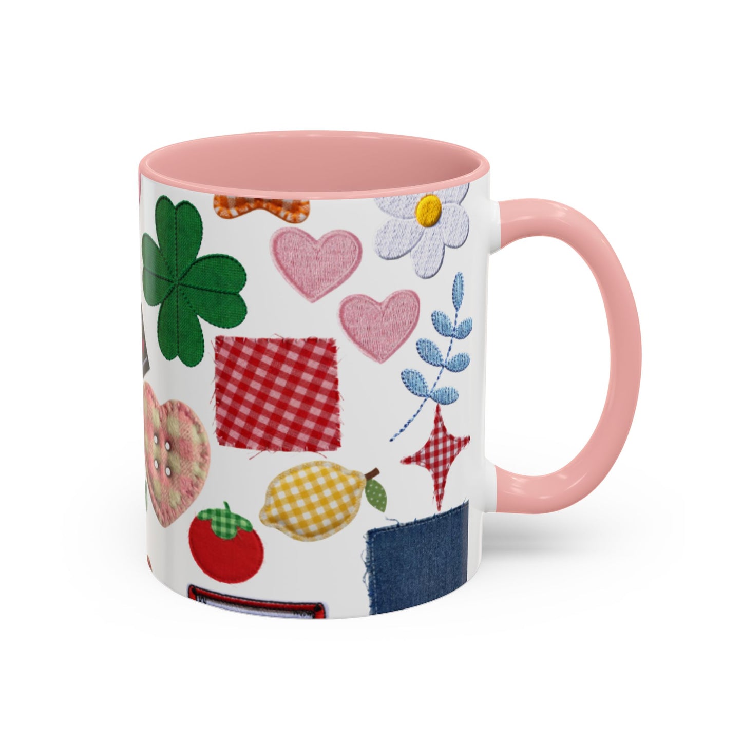 Whimsical Patchwork Coffee Mug — Floral, Hearts & Clover | 11oz