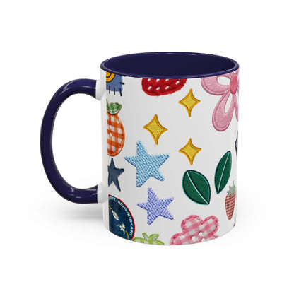 Whimsical Patchwork Coffee Mug — Floral, Hearts & Clover | 11oz