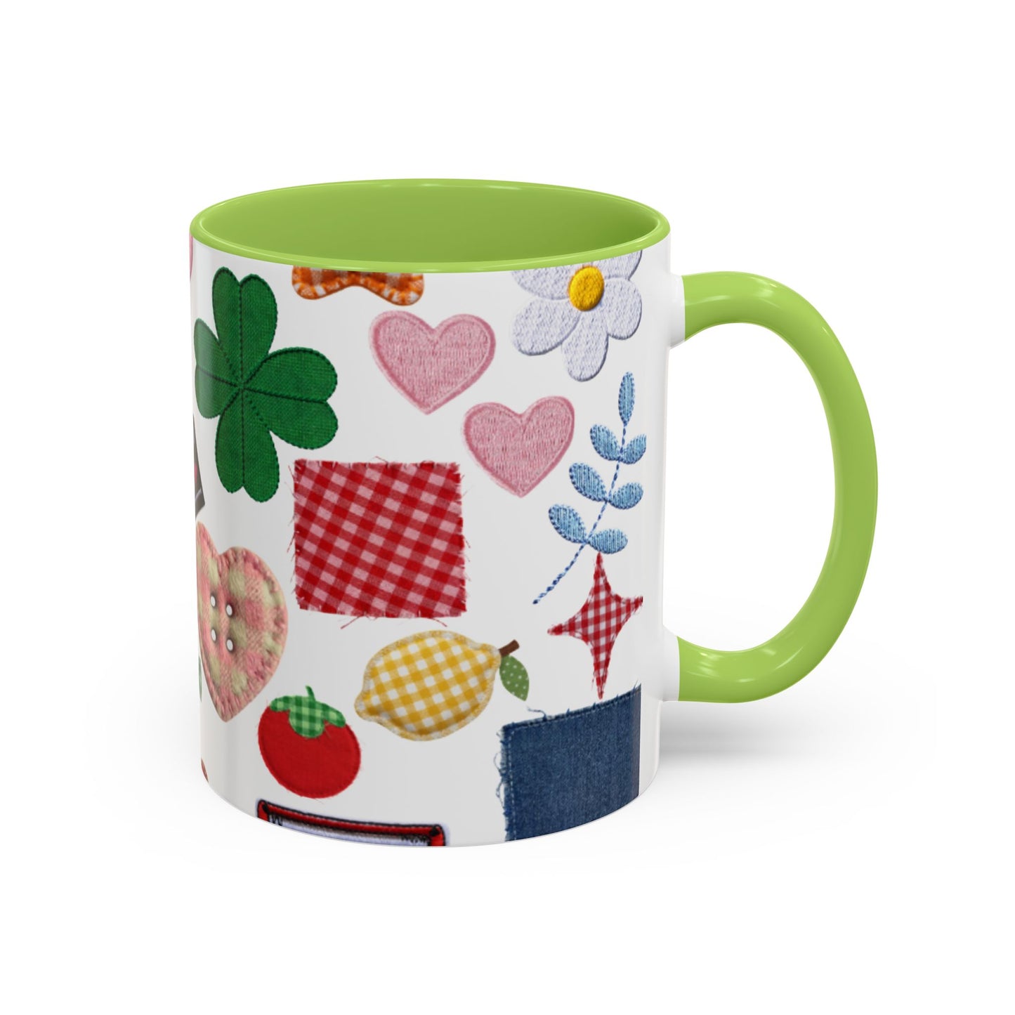 Whimsical Patchwork Coffee Mug — Floral, Hearts & Clover | 11oz