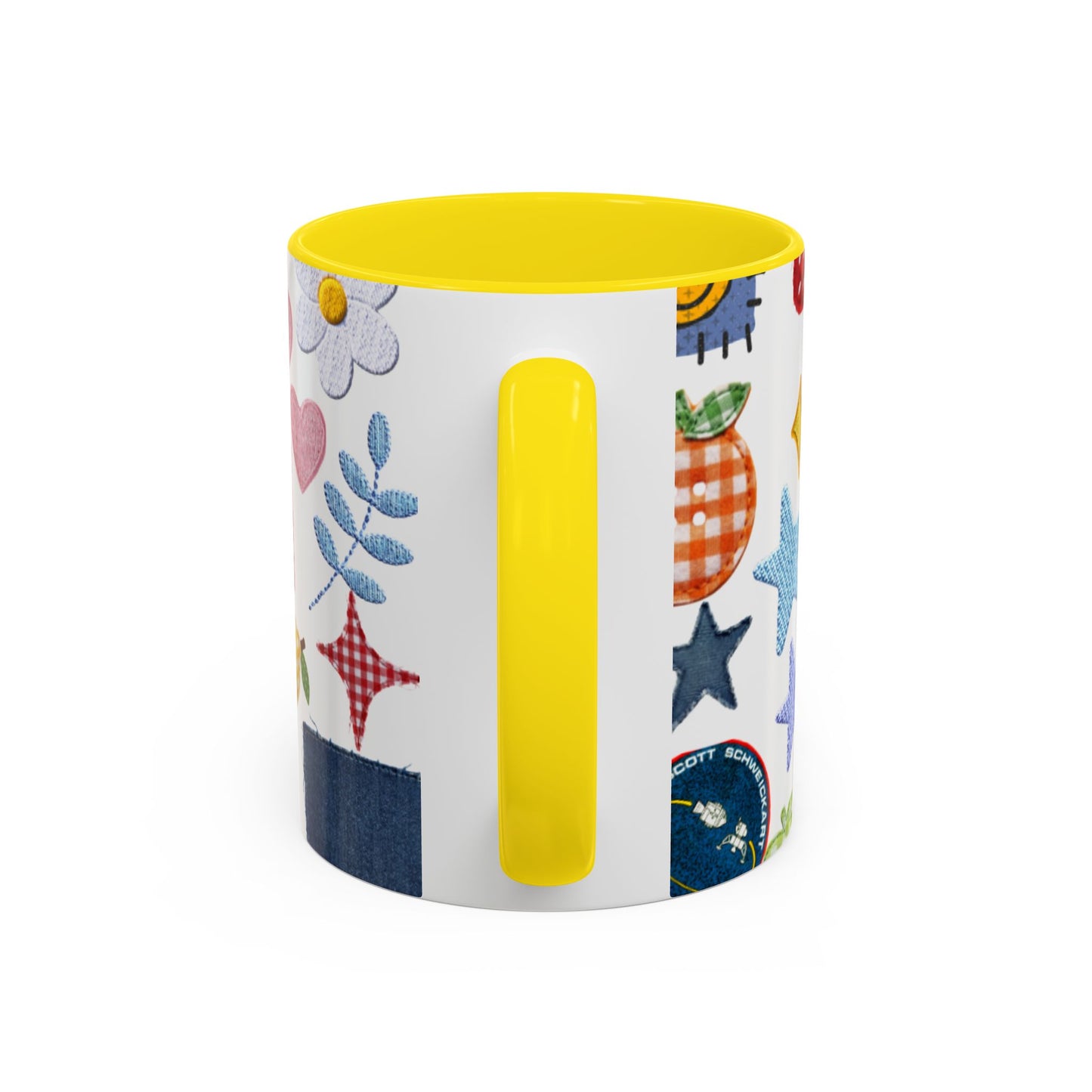 Whimsical Patchwork Coffee Mug — Floral, Hearts & Clover | 11oz