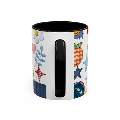 Whimsical Patchwork Coffee Mug — Floral, Hearts & Clover | 11oz