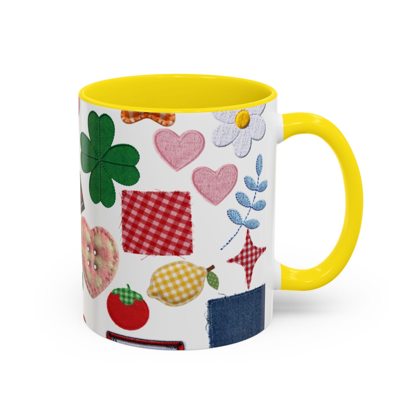 Whimsical Patchwork Coffee Mug — Floral, Hearts & Clover | 11oz