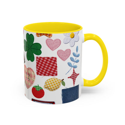 Whimsical Patchwork Coffee Mug — Floral, Hearts & Clover | 11oz